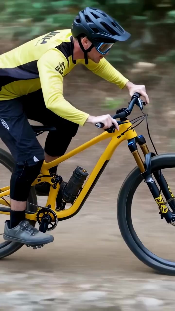 Video verticale: Inseguimento di un ciclista da trail con maglia gialla e bici, che supera radici per mantenere il ritmo.