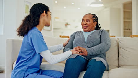 Helping-hand,-old-woman-and-caregiver-on-couch