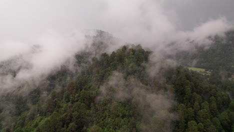 fotografía aérea de una montaña con árboles cubiertos de nubes con una pequeña ciudad en el fondo en valle de bravo, méxico