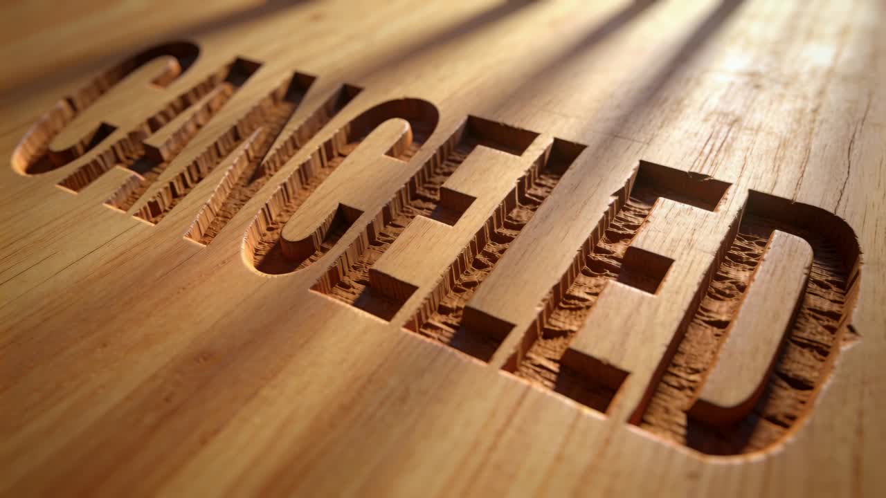 Tilting camera focusing on wooden workshop panel showing CANCELED carving tool marks banded shadows