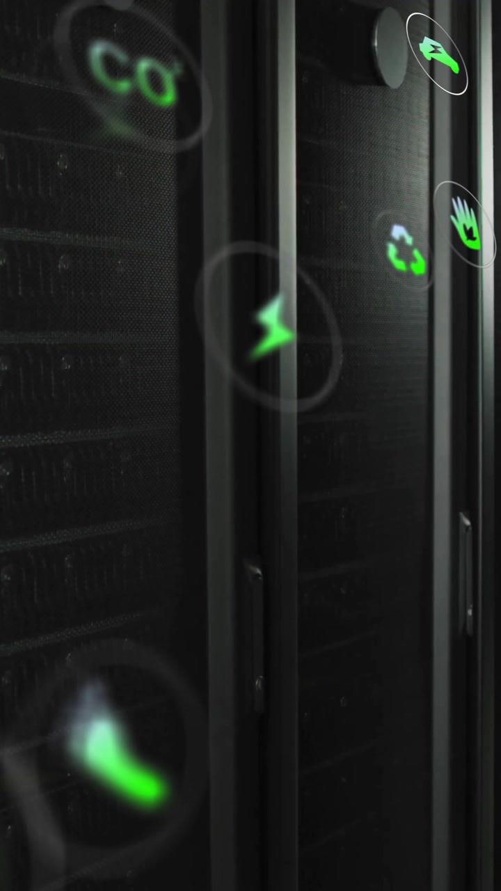 Animation of eco icons and data processing over computer servers