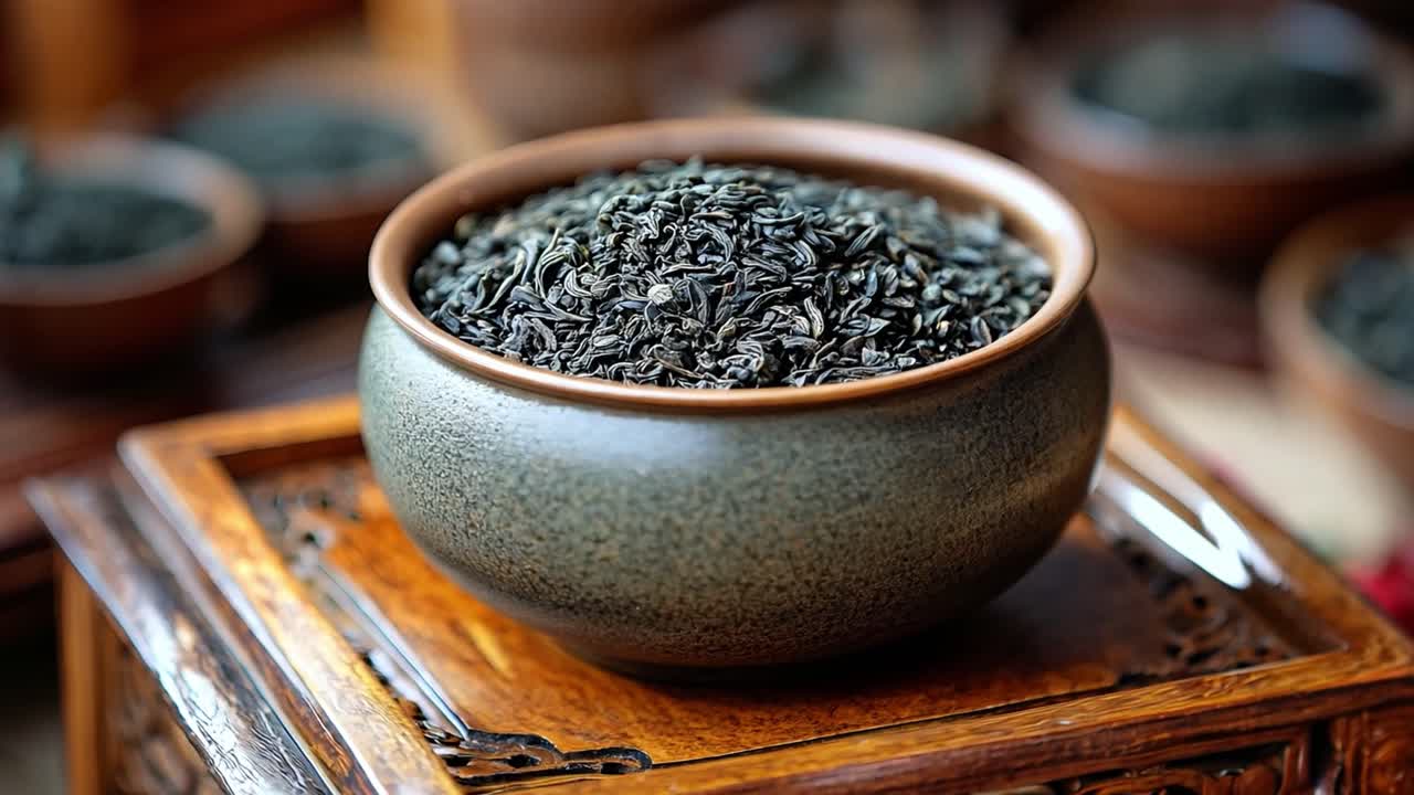 Bowl of Tea Leaves on Wooden Tray