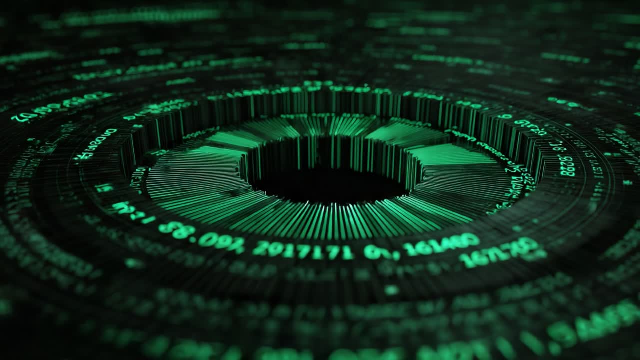 Green futuristic circular interface with running code, numbers, and data rotating on a dark background, representing concepts like big data, cybersecurity, and information technology