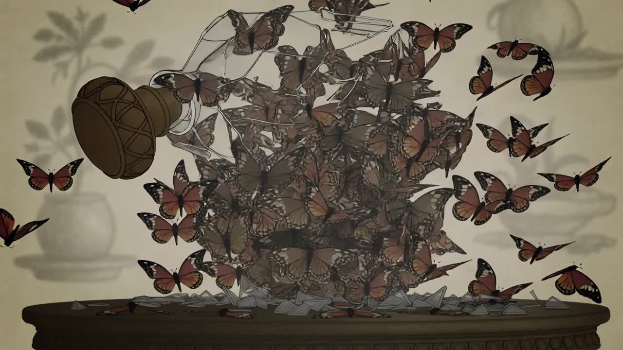 Soltando a rolha que racha uma garrafa de vidro selada, borboletas laranja e pretas escapam sobre a mesa.