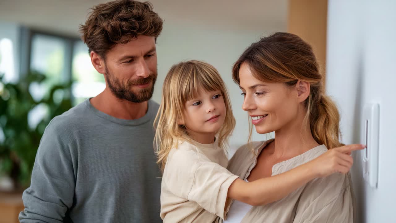 Un felice momento in famiglia: genitori e figlio sorridono insieme a casa, sottolineando il calore e la connessione nel loro accogliente salotto