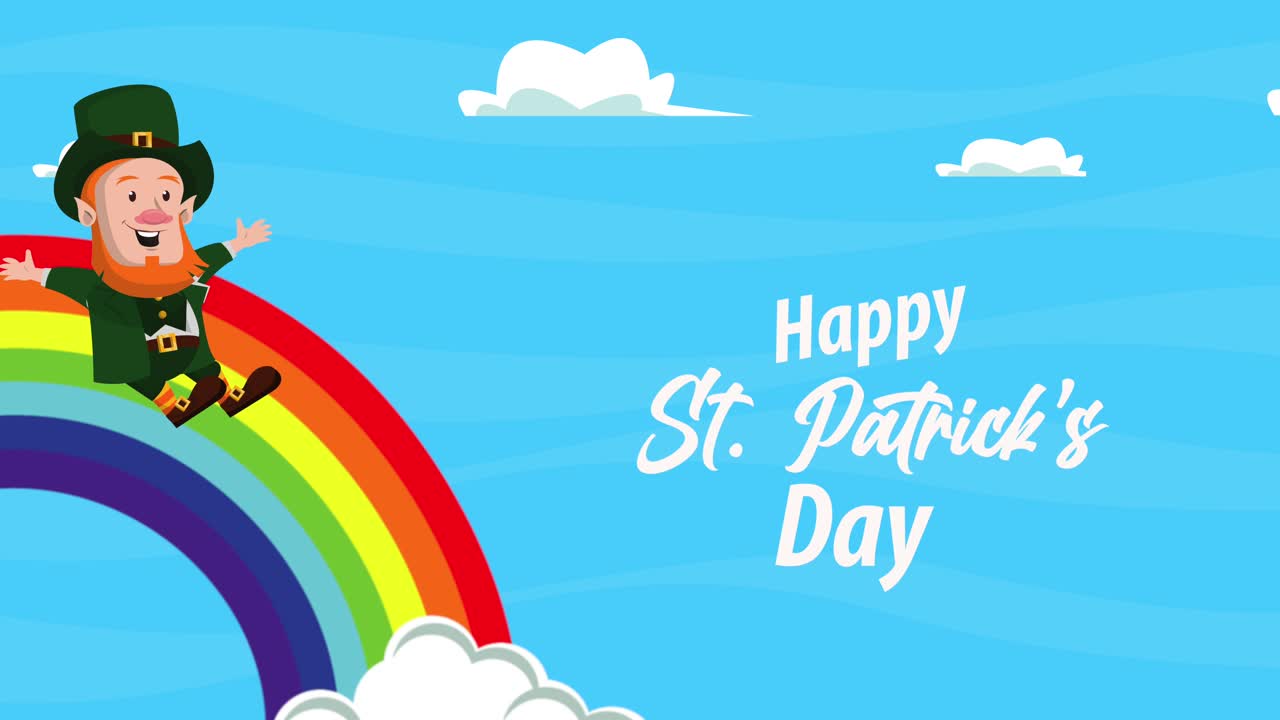 성 패트릭스 데이 축하 글과 레프리콘이 무지개로 미끄러집니다.