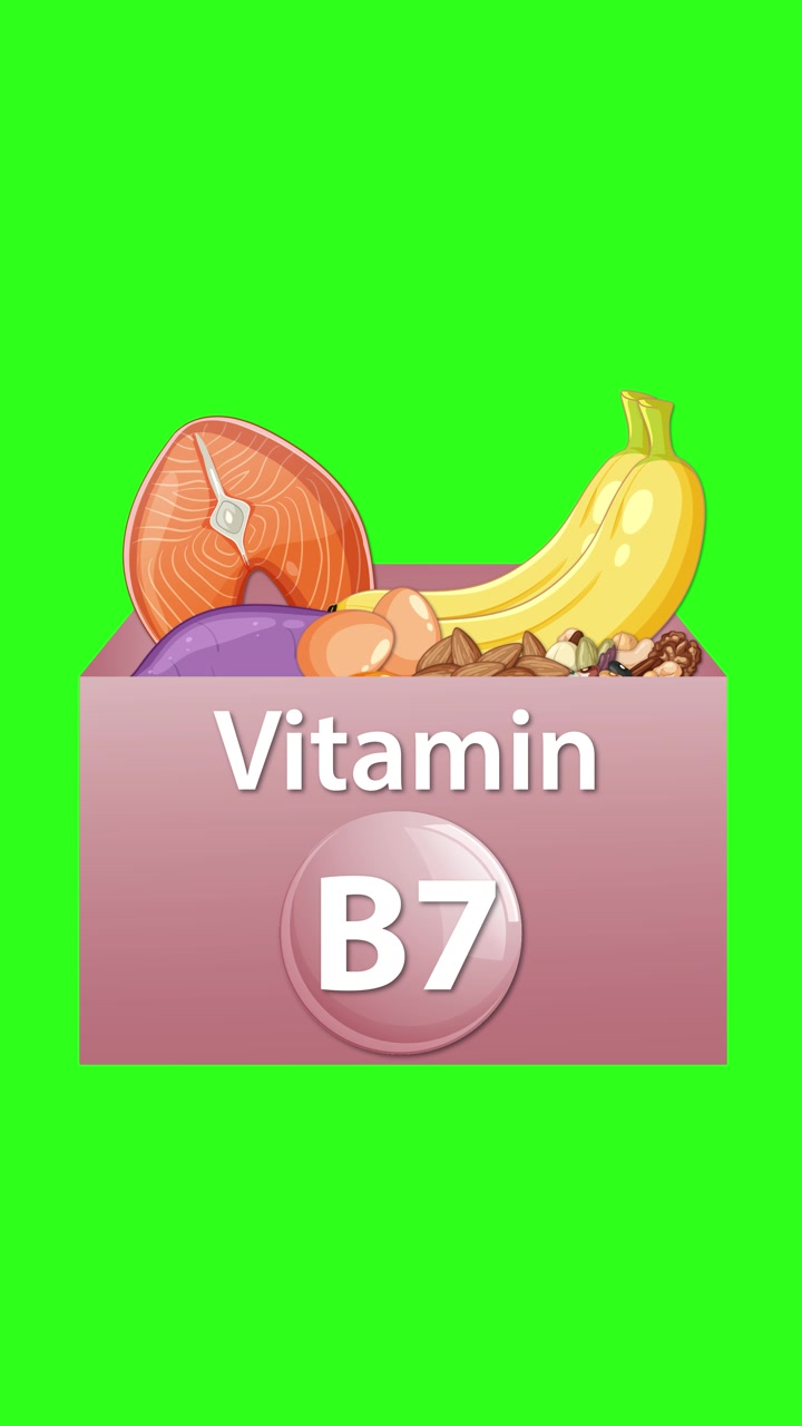 Una scatola rosa di vitamina B7 si apre, rivelando frutti assortiti, su sfondo verde brillante, con un movimento fluido della telecamera