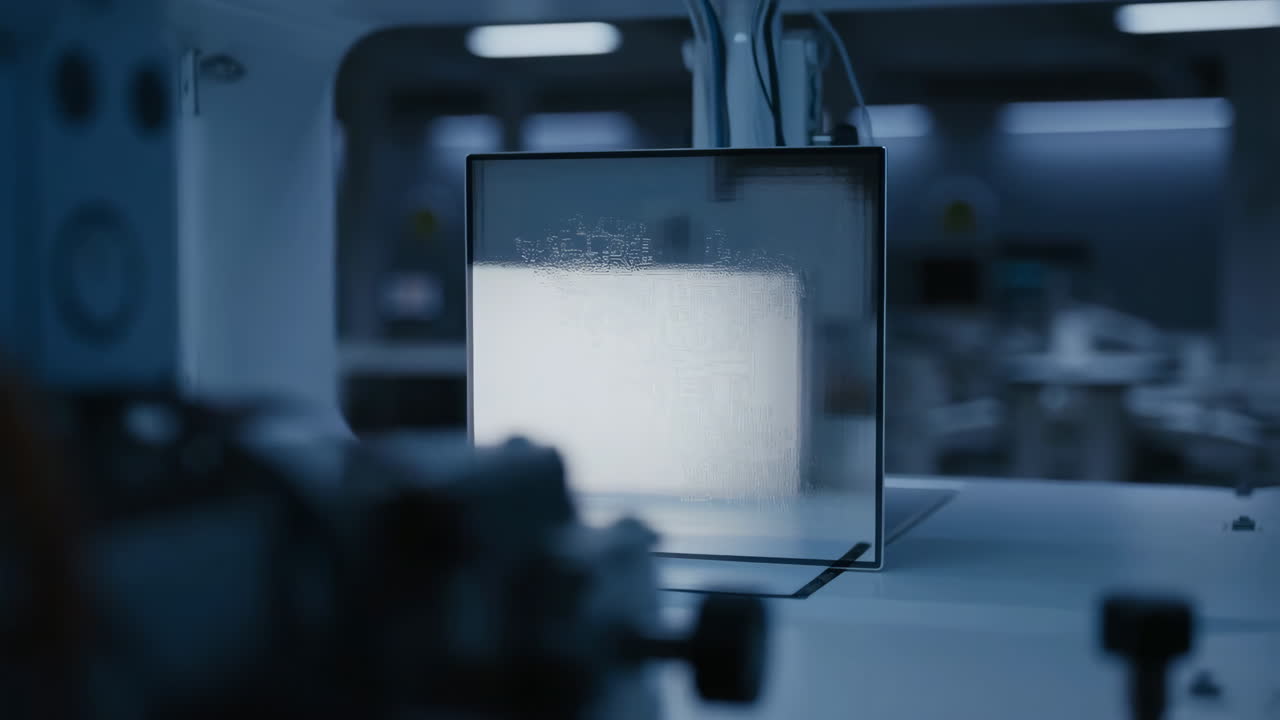 Close-up of a silicon wafer or display panel being processed by automated machinery in a high-tech cleanroom setting