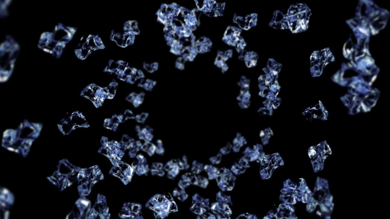 검은색 바탕에 많은 깨한 얼음 큐브를 날아. 부서진 얼음 조각, 자연 물. 부러진 얼음의 3d 애니메이션 회전. 루프 애니메이션.