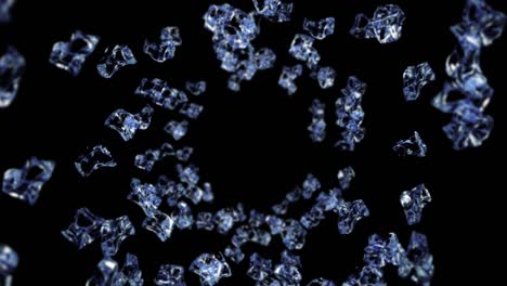 flying many clean ice cubes on black background. pieces of crushed ice, natural water. 3d animation of crushed ice rotating. loop animation.