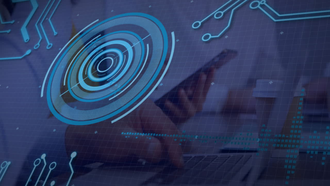 Futuristic digital interface animation over person using smartphone and laptop