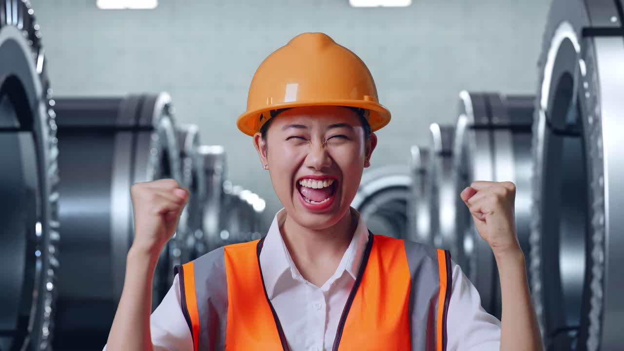 안전 헬을 입은 아시아 여성 엔지니어가 금속 공장에서 일하는 것을 축하하는 목표를 외치고 있습니다.