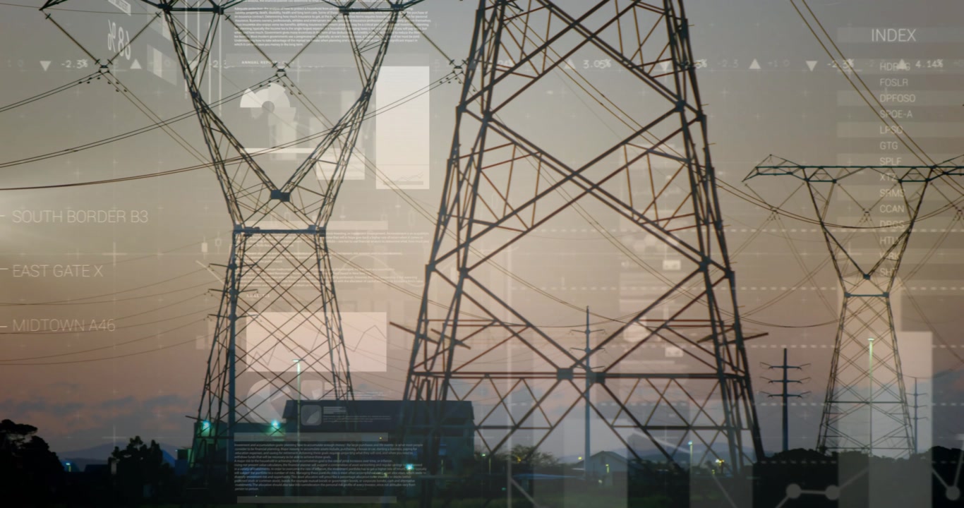 Translucent data overlays sliding into view causing rightward panning revealing steel tower network