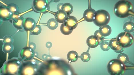 representación cgi de alta calidad de un modelo molecular de vidrio abstracto en un tema de color verde azulado y naranja, con un suave movimiento de cámara rodante y una hermosa profundidad de campo