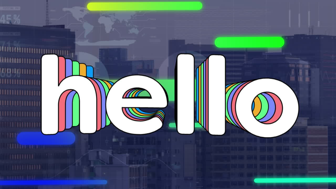 Animation of hello text banner, gradient shapes and data processing against tall buildings