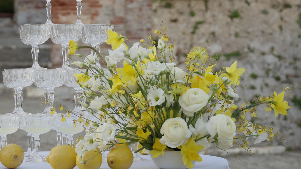 Bebidas elegantes y arreglo floral