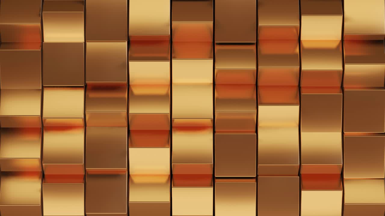 Animazione astratta di rotazione di un cubo glitterato di lusso color oro su sfondo con motivo geometrico.