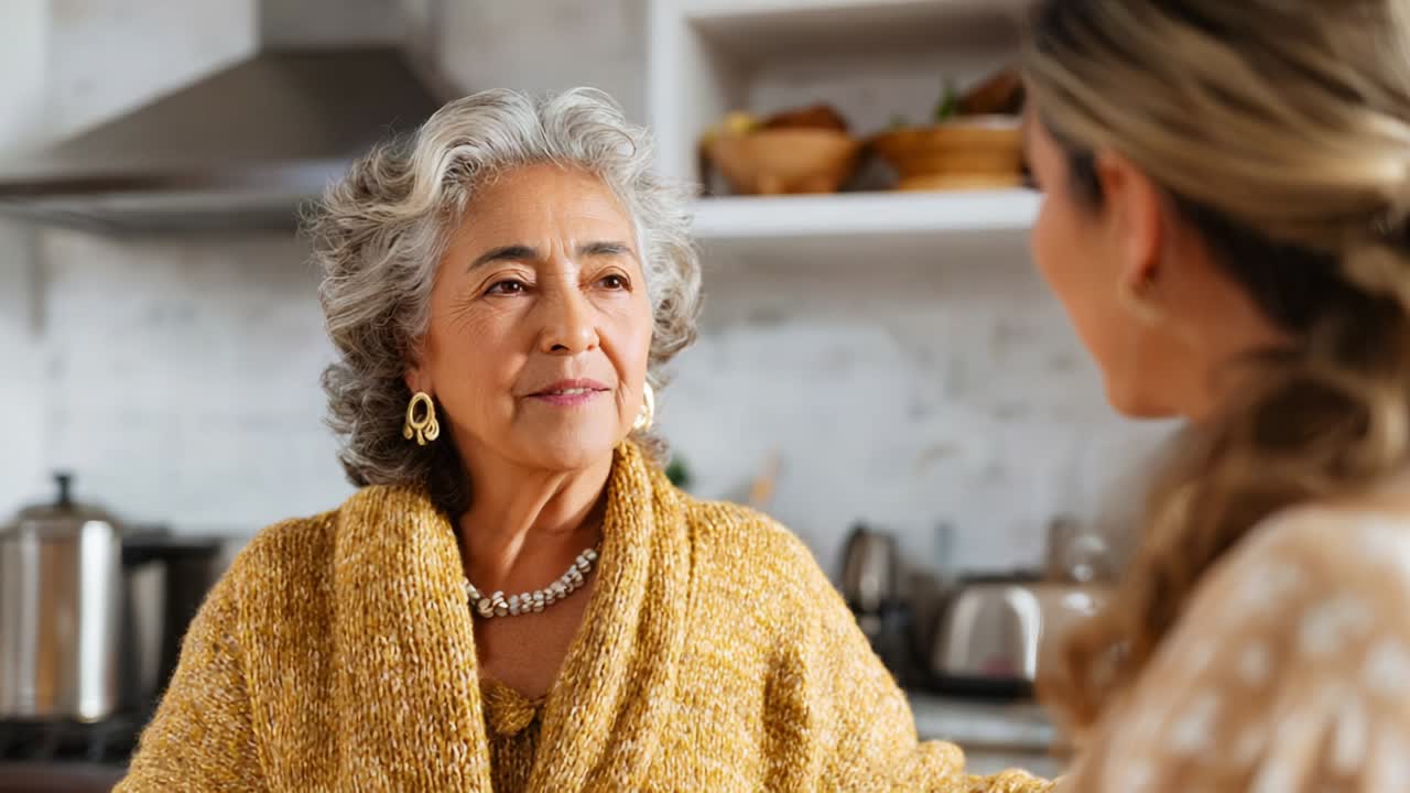 An Engaging Conversation Between Two Women in a Cozy Kitchen, Featuring a Senior Woman in a Yellow Sweater, Radiating Warmth and Wisdom While Connecting with a Younger Companion Over Tea