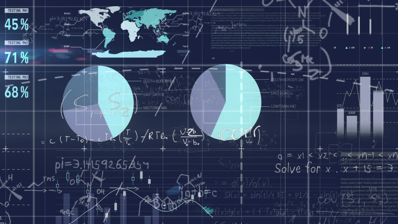 Animation of statistical data processing and mathematical equations against blue background