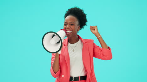 Megaphone,-black-woman-and-power-fist-in-studio