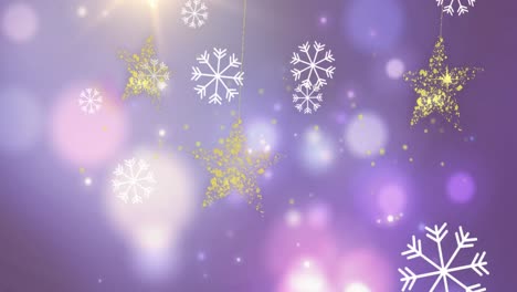 Animation-of-falling-white-snowflakes-and-gold-christmas-stars-swinging-over-defocussed-lights