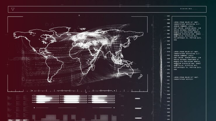 Animation of interface with data processing over world map against purple gradient background