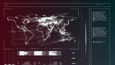animación de la interfaz con el procesamiento de datos sobre el mapa del mundo contra un fondo de gradiente púrpura