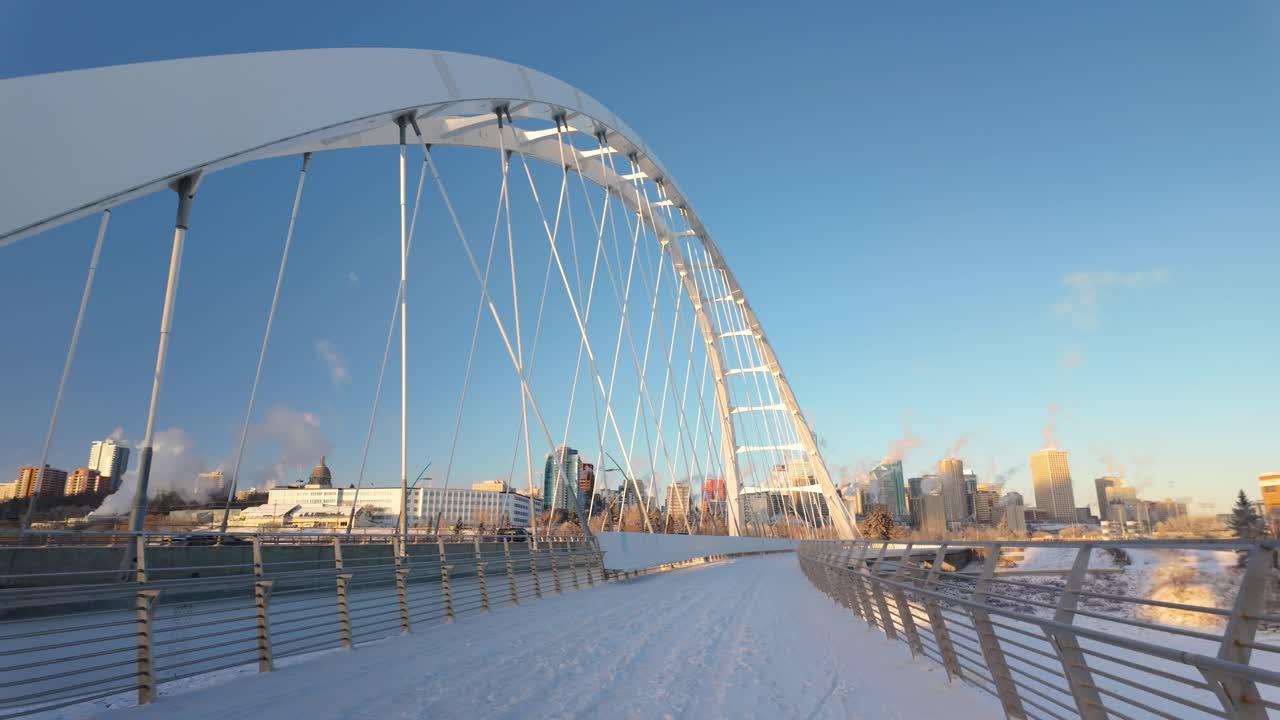 Freezing Day Walking On Walterdale Bridge Downtown Edmonton In Winter