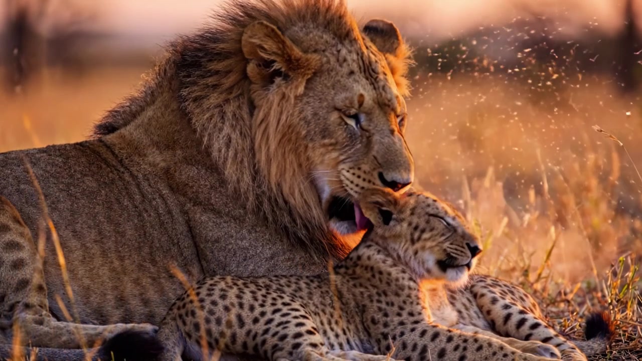 Majestátní lev a jeho mládě odpočívají spolu ve zlaté záři africké savany při západu slunce, zachycující hřejivý okamžik pouta divoké zvěře.
