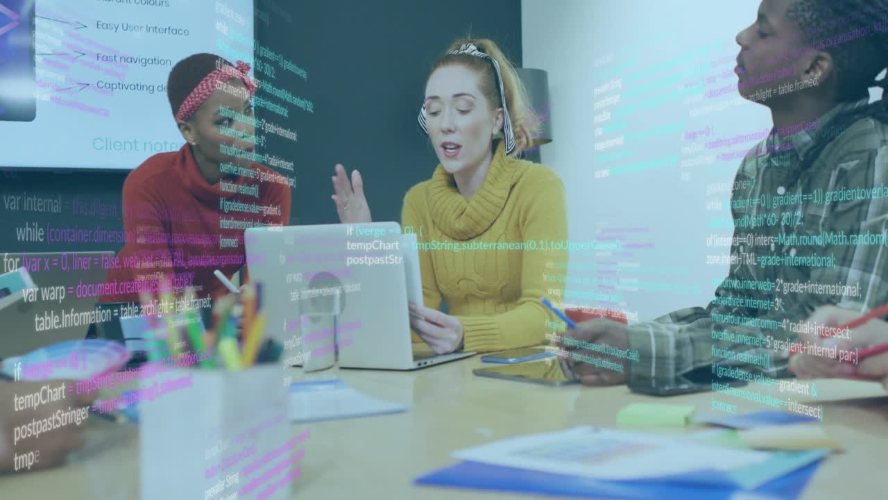 Central presenter tapping laptop, presenting UI for tech team, code overlay drifting and settling
