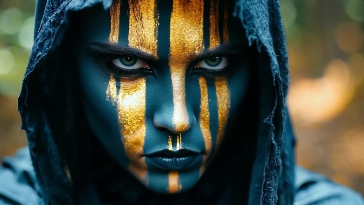 A woman with a black and gold face paint on her face