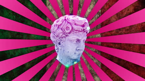 animation of antique head sculpture over pink stripes and flag of italy background