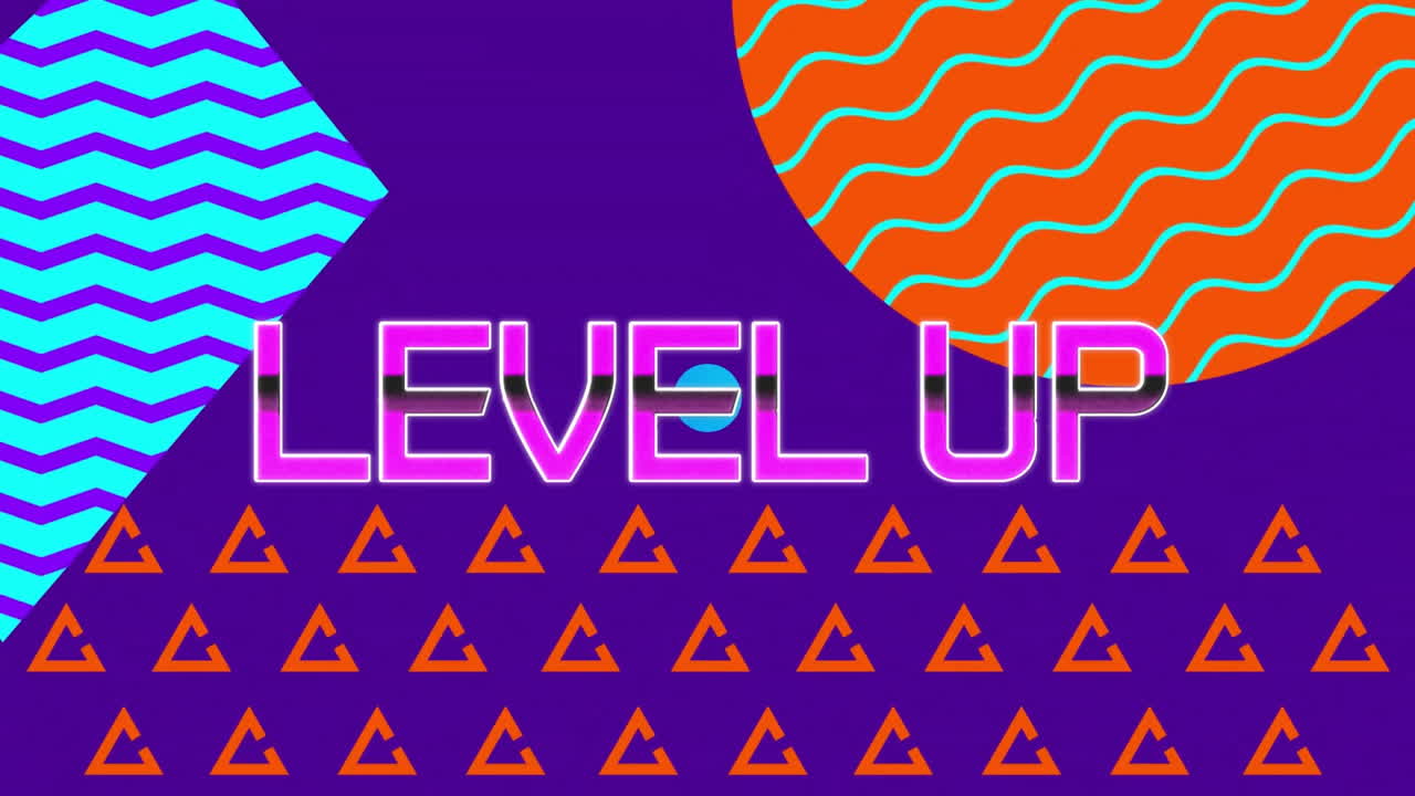Animation of level up text over colourful shapes on purple background