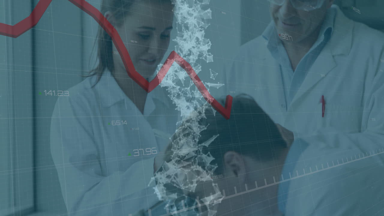 adn y gráfico sobre el científico hablando y usando el microscopio.