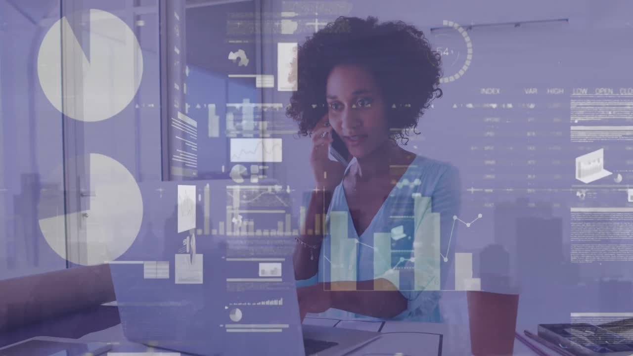 Animation of statistical data processing over african american woman talking on smartphone at office