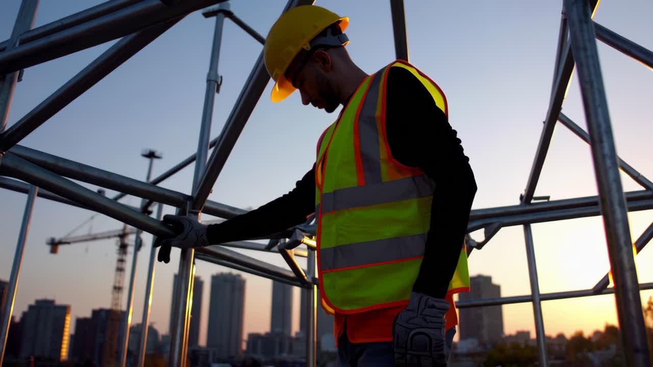 Construction Worker on Rooftop Scaffolding at Sunset
