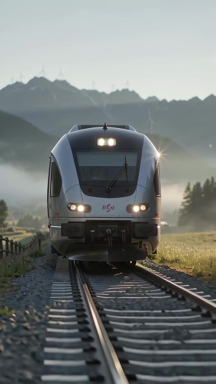 Vertical video: Starting silver passenger train approaching camera in mountain valley with mist