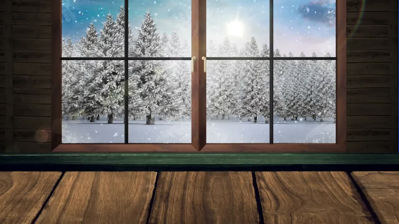 Animation af vinter-julelandskab med sne, der falder over træer og solskin