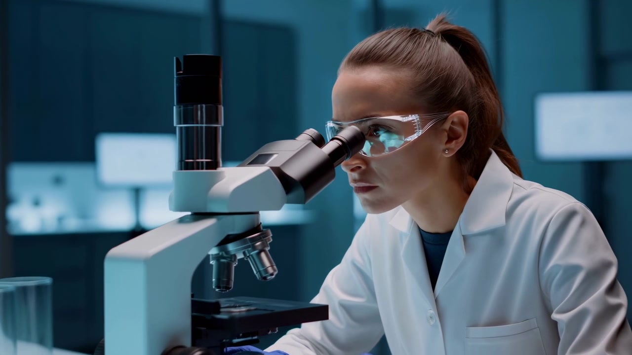 Female Scientist Examines Sample Under Microscope, Focused On Slide Inspection And Precision Imaging, Wearing