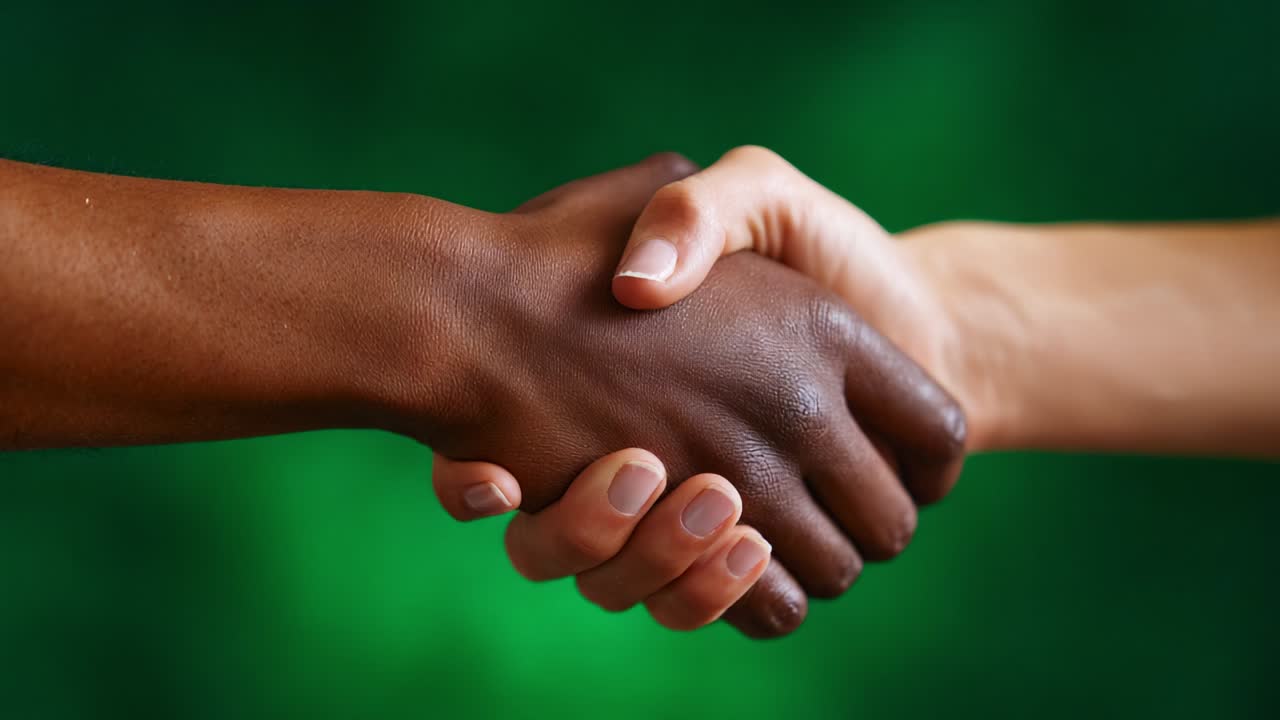 A Close-Up Representation of Unity and Fellowship as Two Hands from Different Backgrounds Come Together in a Handshake, Signifying Collaboration, Trust, and Mutual Respect Against a Green Background