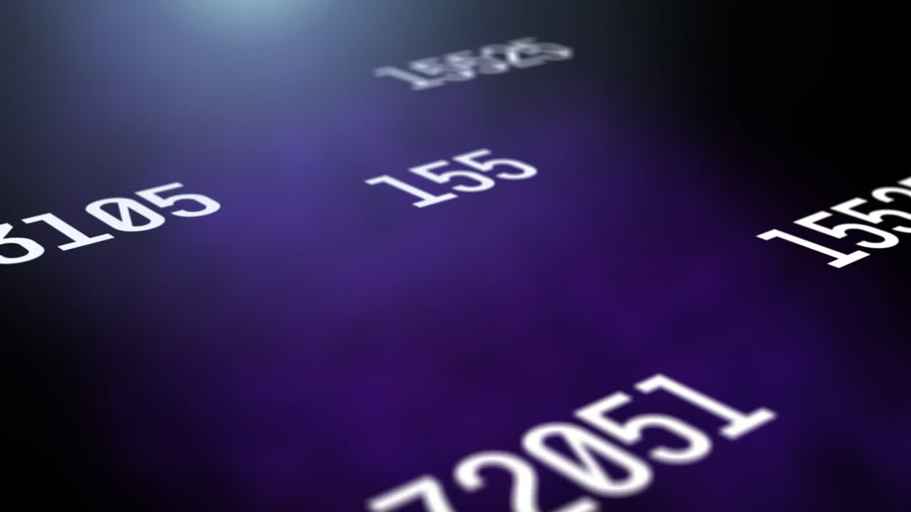 Animazione digitale di numeri che cambiano su macchie di luce su sfondo viola
