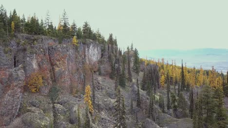 volcanic cliff face with rubble, pinnacles, and fall colours