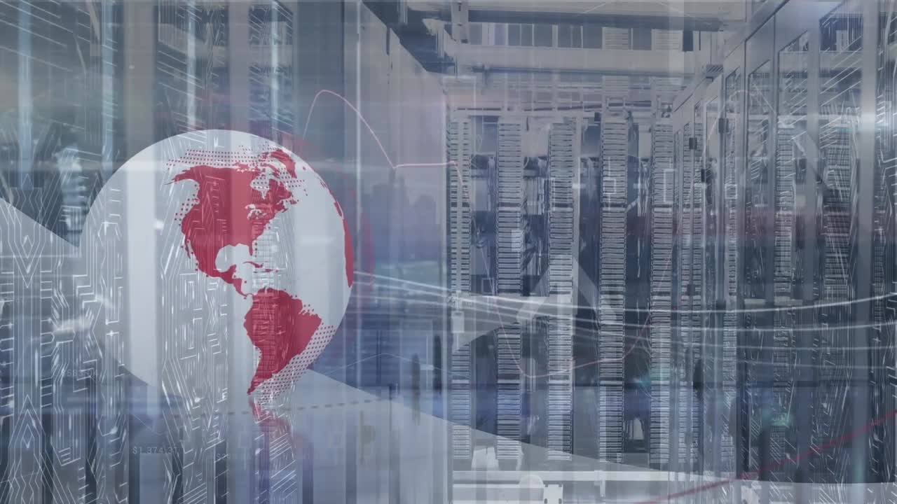 Animation of data processing and globe over computer servers