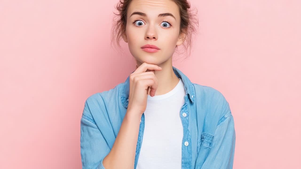 Contemplative Expressions: A Young Woman in a Denim Shirt Ponders Her Thoughts Against a Soft Pink Background, Transitioning from Thoughtful to Surprised