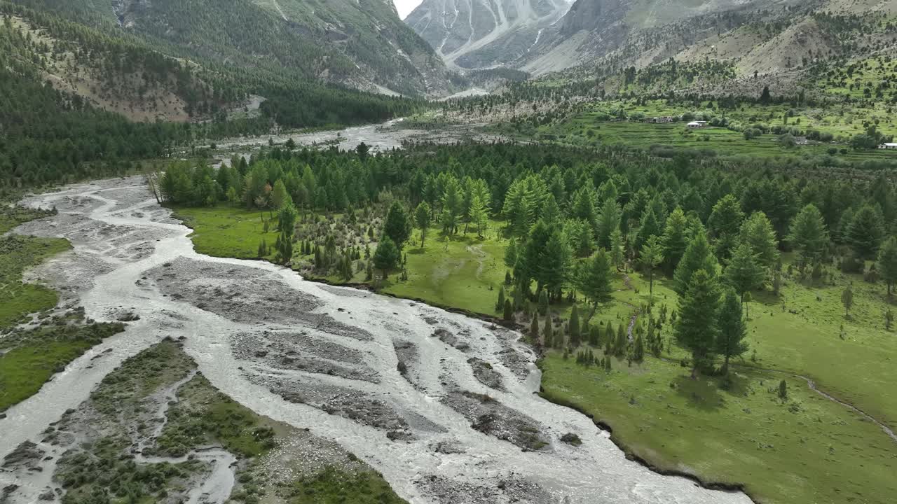 drone disparó vista de pájaro de la cascada de mantoka skardu con árboles y vistas a árboles altos