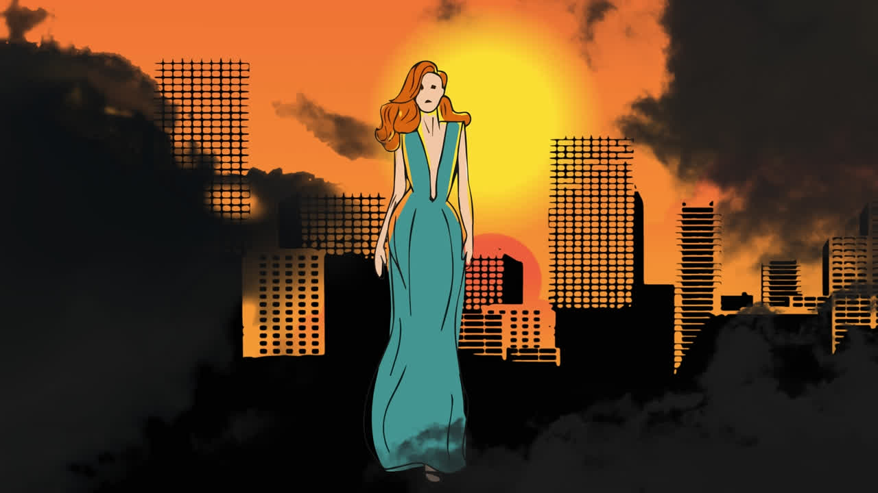 Animazione di un disegno di moda di una modella su paesaggio urbano