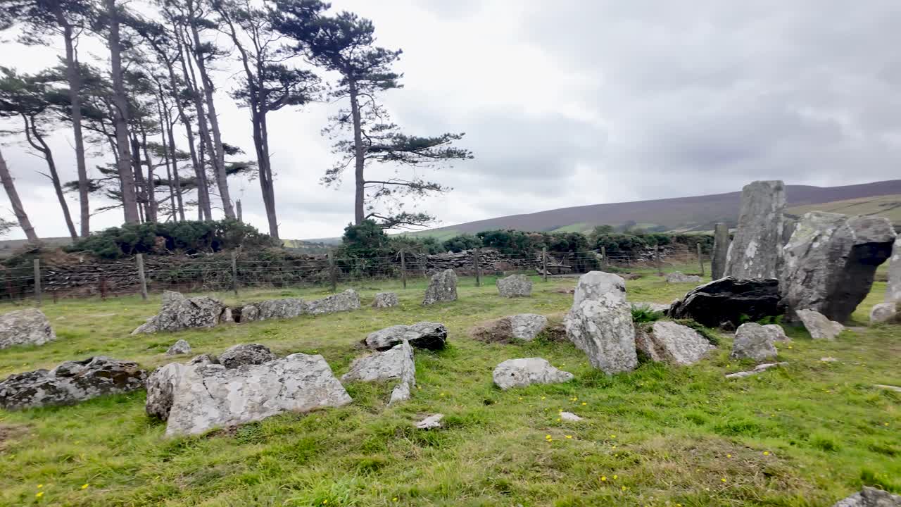 Cashtal yn Ard, an ancient Neolithic chambered tomb, standing among green grass on the Isle of Man