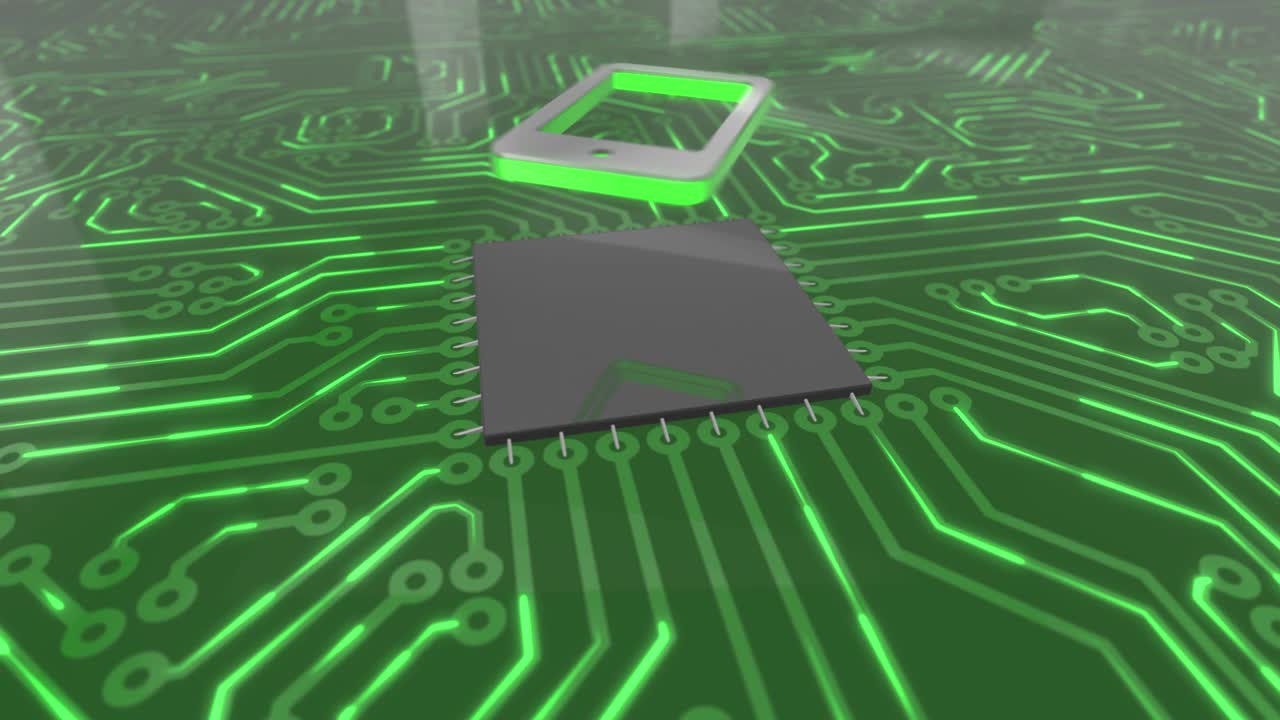 Dark green rotating computer circuit board concept tablet loop 4K
