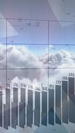 animación del procesamiento de datos financieros sobre señales de tráfico, bandera del reino unido y nubes