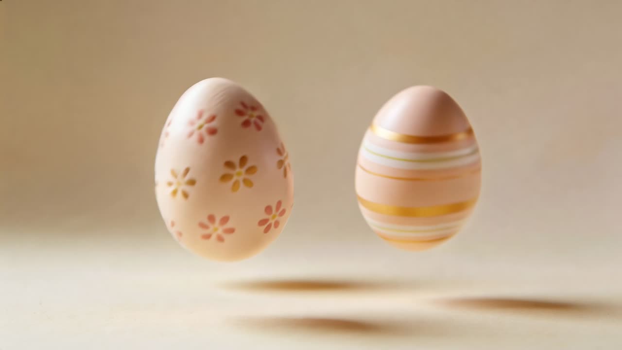 Rising after soft nudge three pale eggs rotating, drifting, settling on beige table showing designs